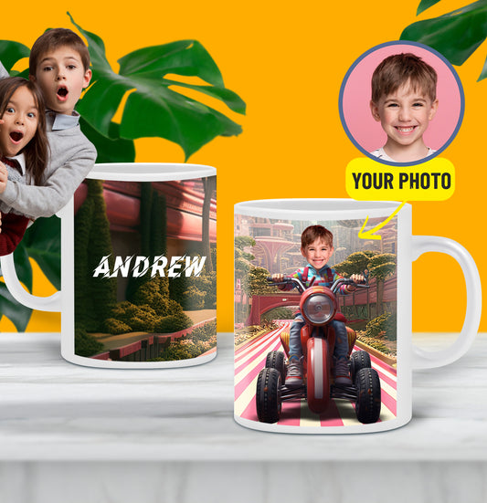 Customized Quad Biker Kids Face Mug, Personalized Boy on Dirt Bike Mug - Custamazegifts.com 