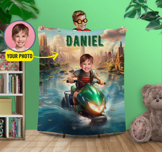 Personalized Boys Room Blanket, Custom Boy on Jet Ski Picture Blanket - Custamazegifts.com 