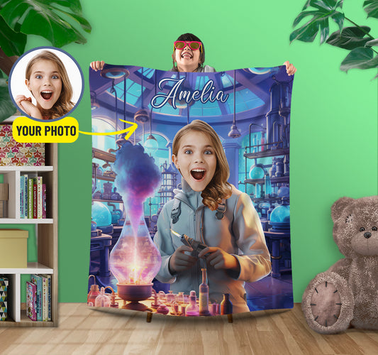 Custom Scientist Girl Photo Blanket, Magic Gift for Girls - Custamazegifts.com 