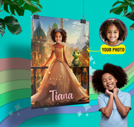 Custom Photo Poster Princess and Frog, Princess Tiana Gift for Kid Girl - Custamazegifts.com 