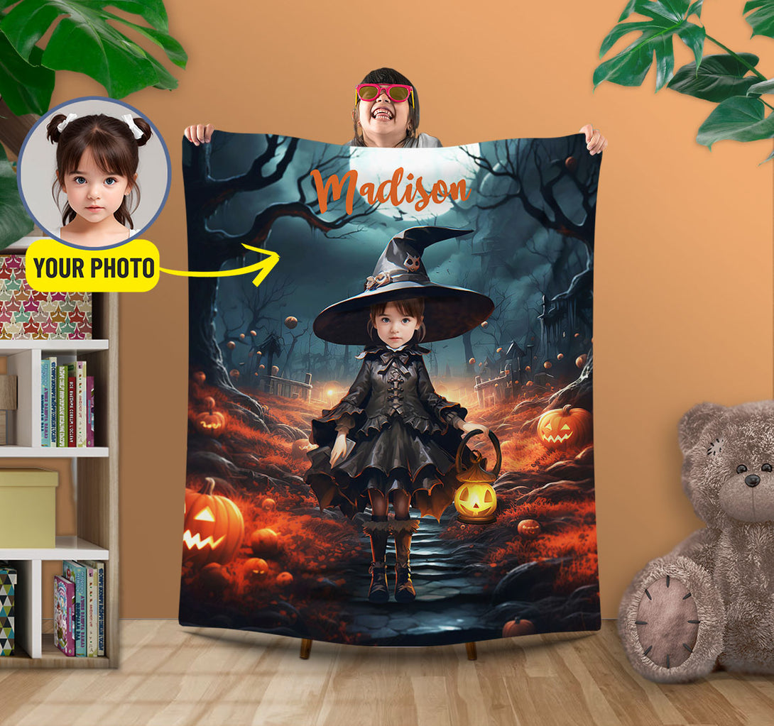 Personalized Witch Photo Blanket, Wednesday Addams Halloween Gifts - Custamazegifts.com 