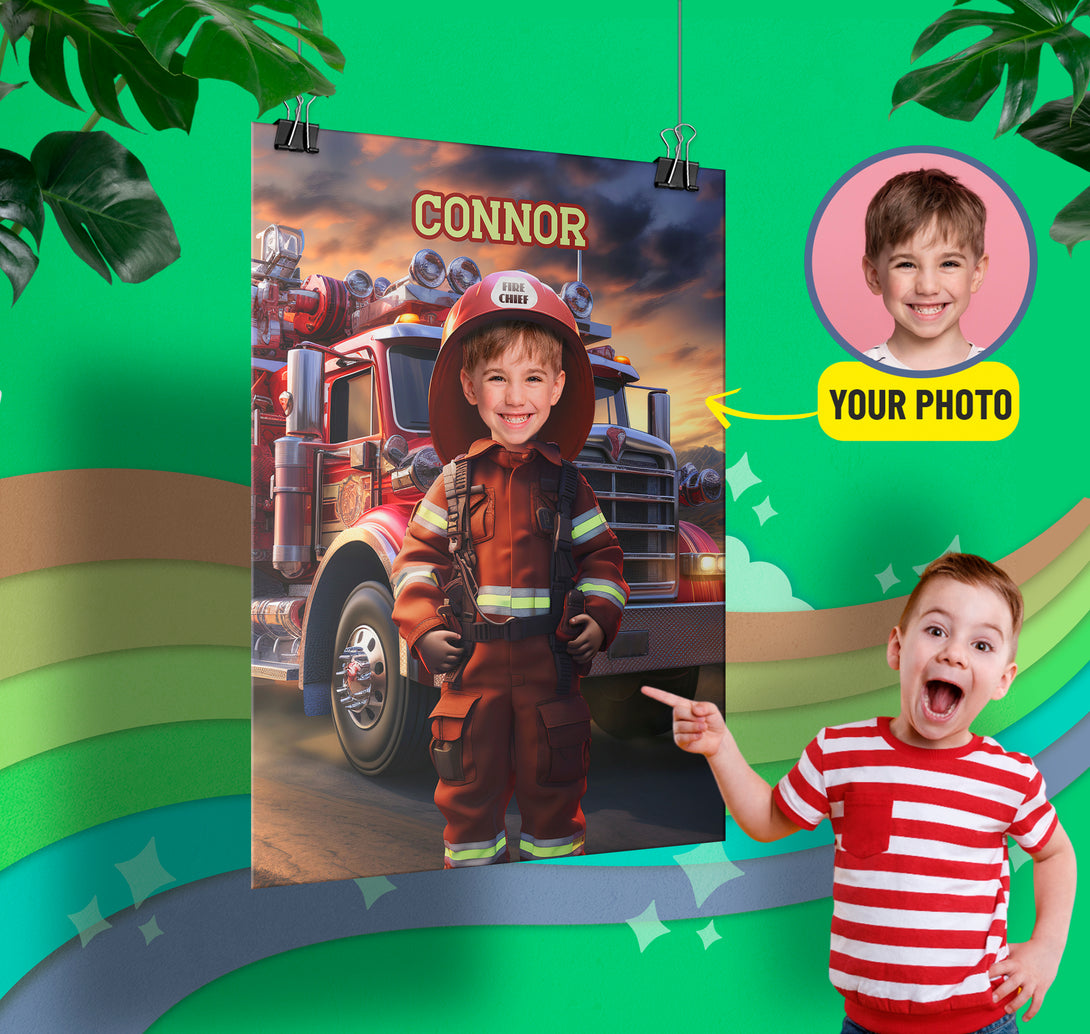 Custom Firefighter Boys Print Poster Wall Art, Digital Kids Portrait - Custamazegifts.com 