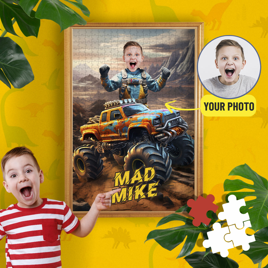 Boys Face Photo Puzzle, Monster Truck Unique Memory Gift - Custamazegifts.com 