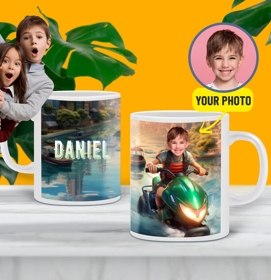 Personalized Jet Ski Mug with Face, Kids Jet Skiing Gifts Photo Cup - Custamazegifts.com 