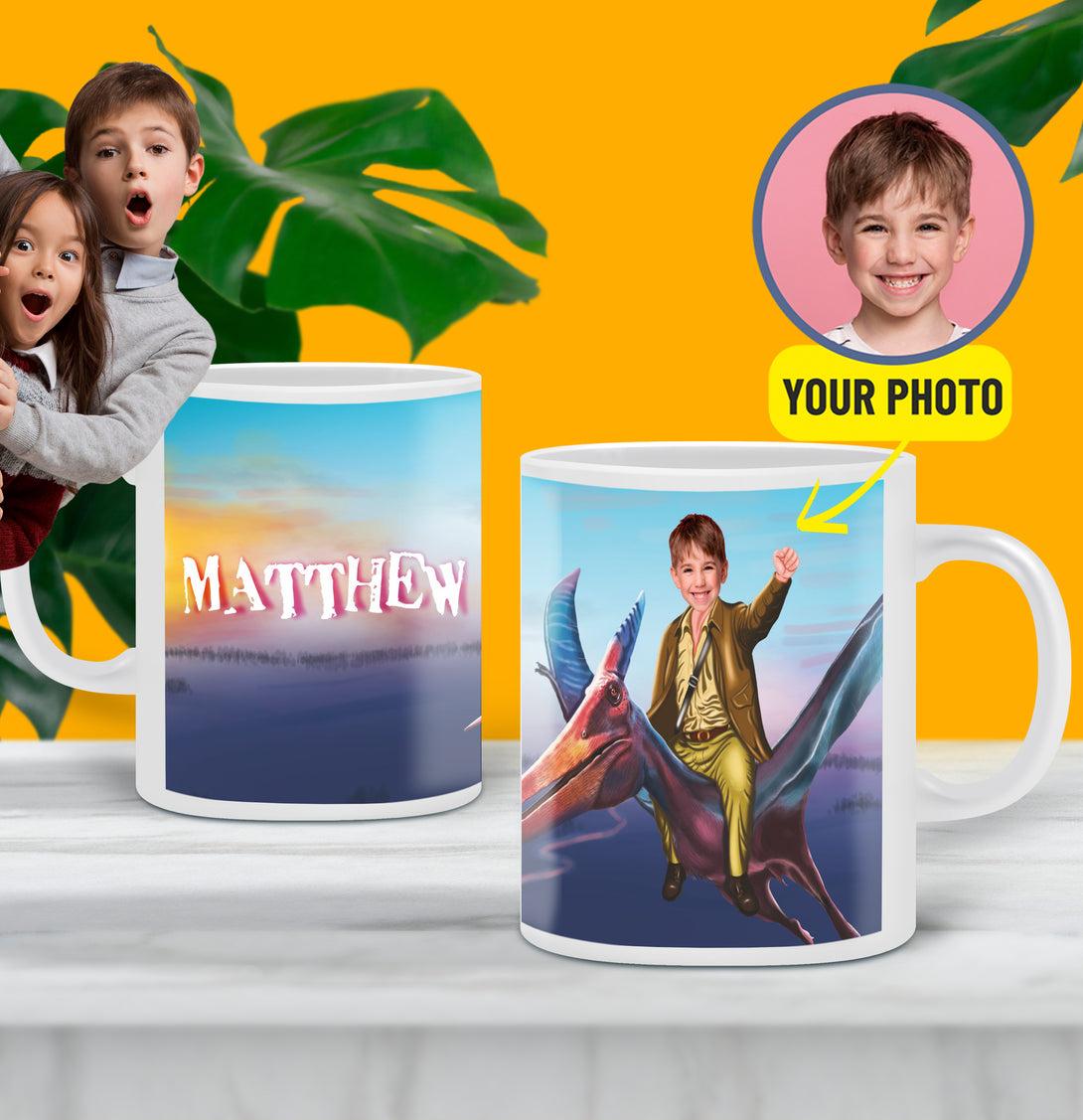 Personalized Pterodactyl Mug with Face, Kids Dinosaur Photo Cup - Custamazegifts.com 