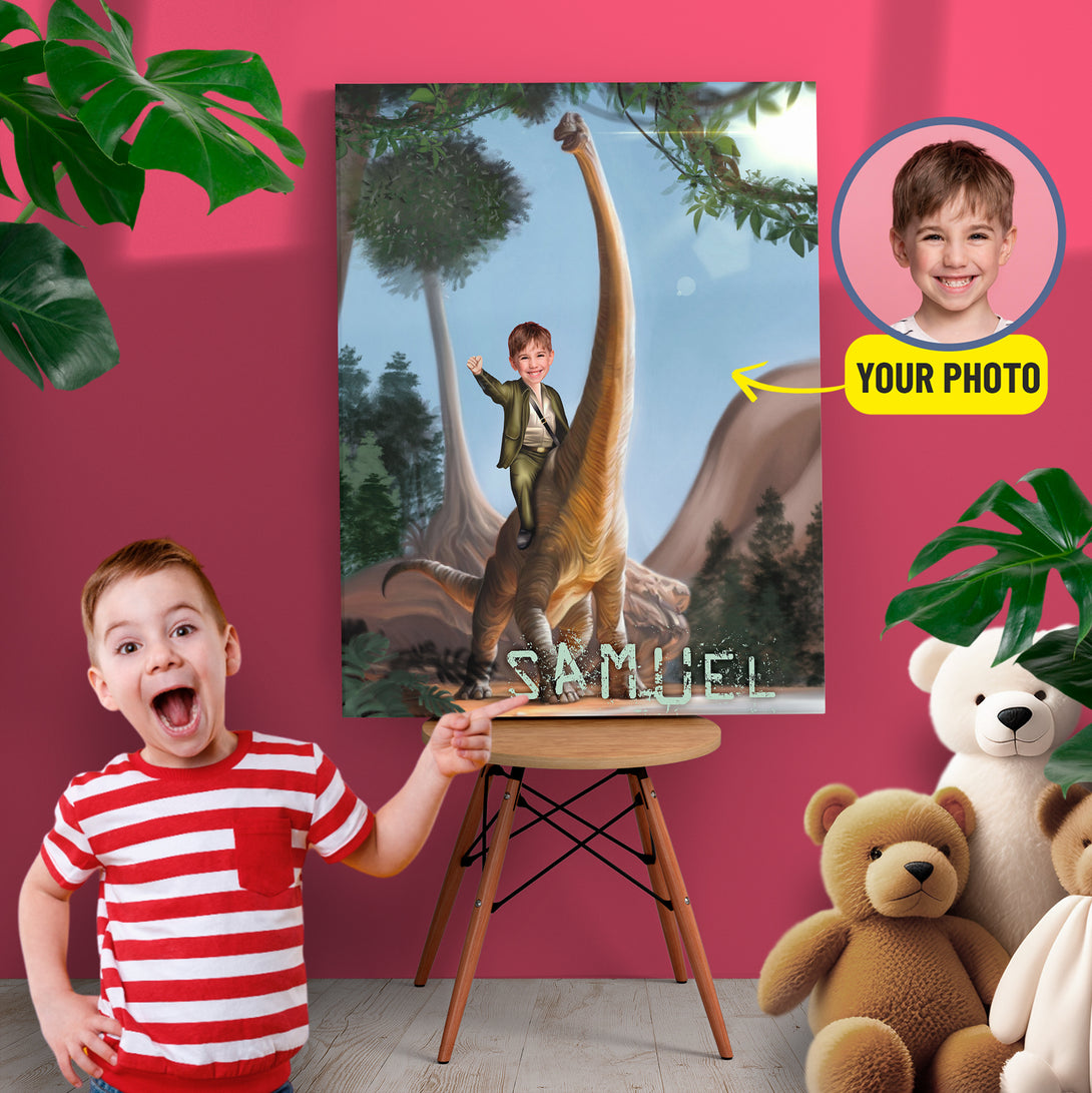 Dinosaur Rider Kids Photo Canvas, Custom Dino Canvas Print for Boys - Custamazegifts.com 