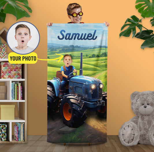 Boy on Tractor Beach Photo Towel, Kids Farm Print Swimming Towel - Custamazegifts.com 