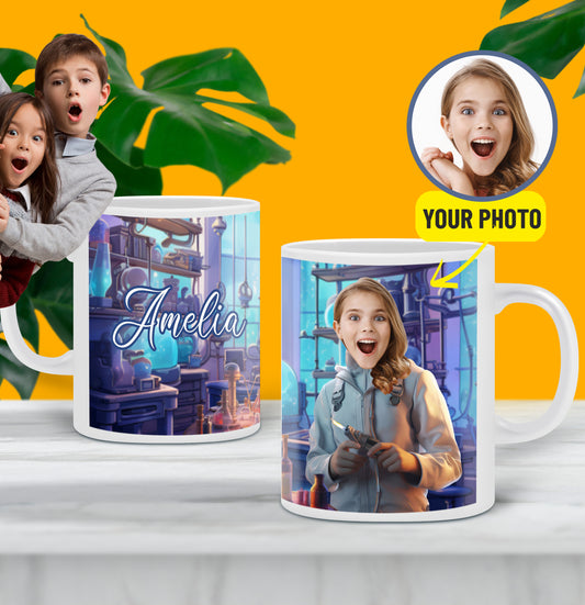 Custom Photo Scientist Girl Mug, Personalized Fairy Tale Girls Gift - Custamazegifts.com 