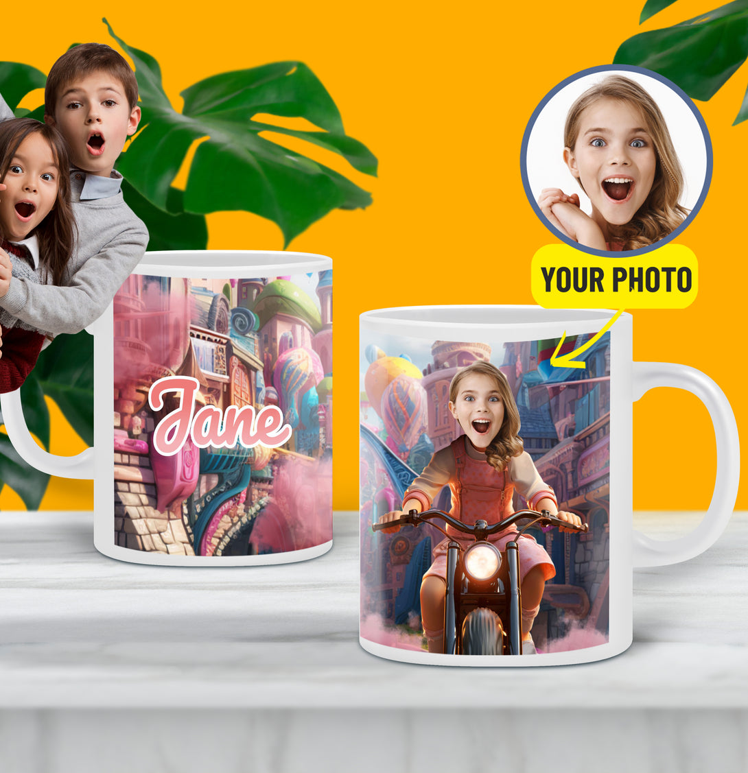 Cartoon Mug Girl Ride Bike, Kids Custom Face Gift, Personalized Girls Gifts - Custamazegifts.com 