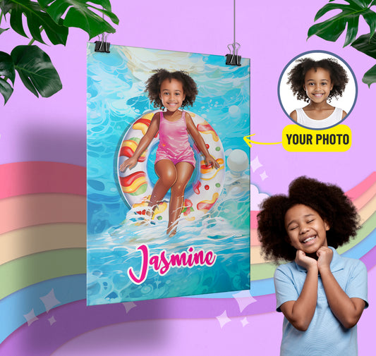 Custom Prints Kids Pool Float and Girl Poster Personalized Portrait Gift for Her - Custamazegifts.com 