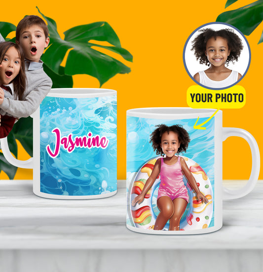 Personalized Girl in the Pool Mug for Her, Photo Kids Party Favor - Custamazegifts.com 