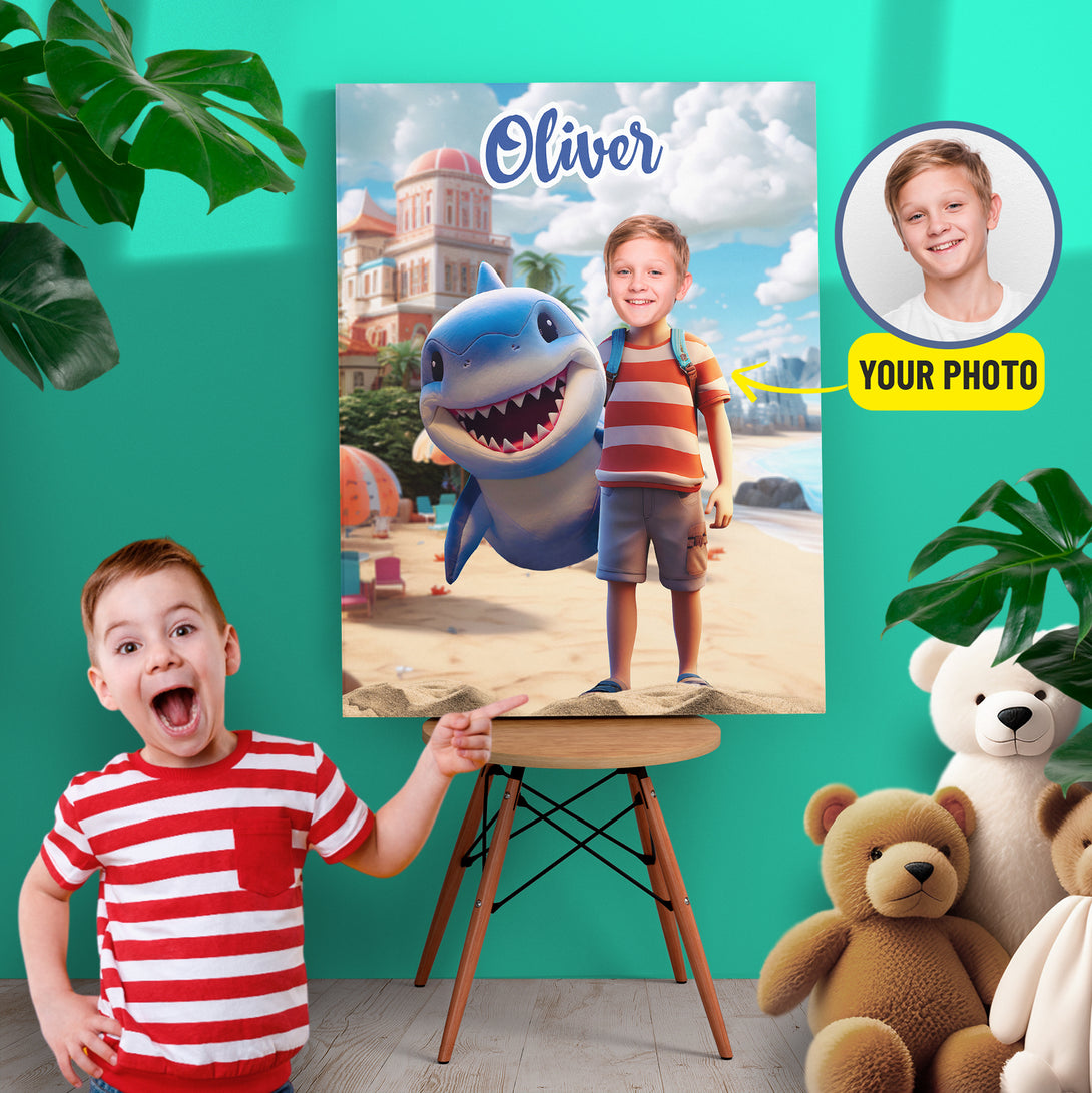 Kids Shark and Boy Photo Canvas Print, Boys Personalized Wall Art Gift - Custamazegifts.com 