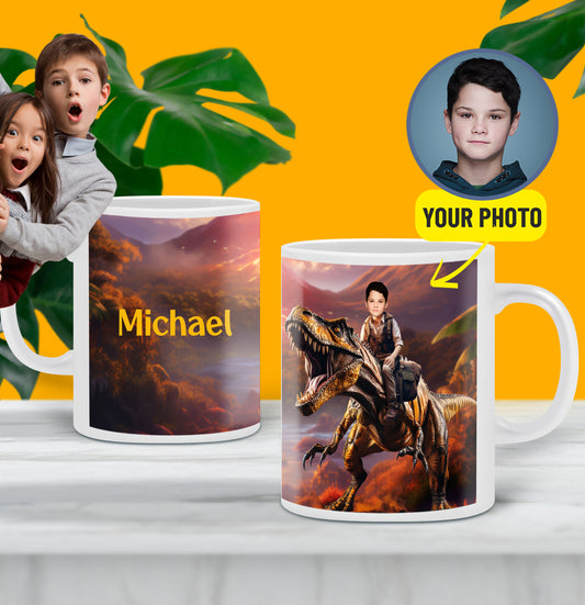 Customized Photo Mug Child Riding Dinosaur, T-Rex Jurassic Gifts for Kids - Custamazegifts.com 