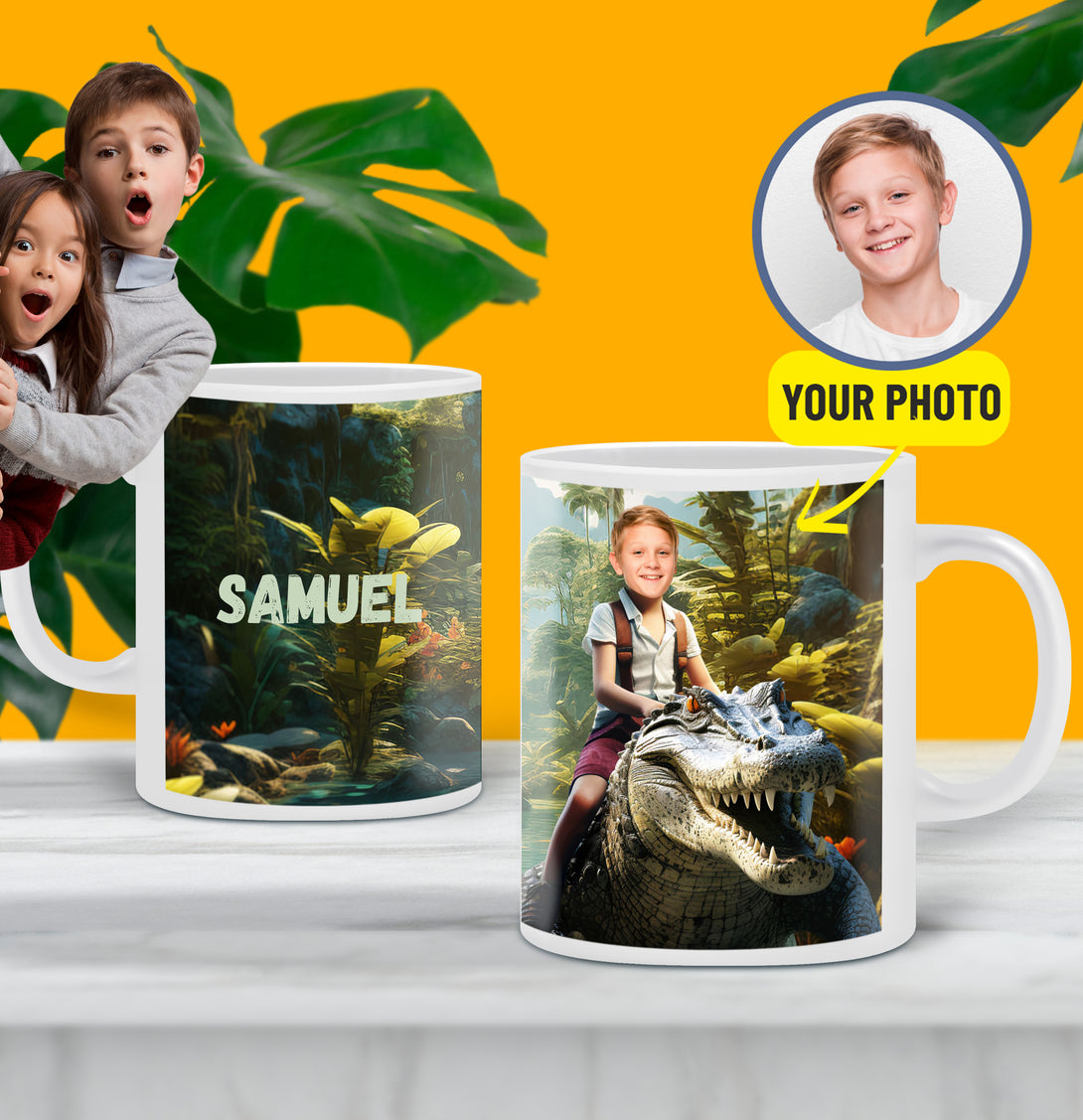 Kids Personalized Mug Crocodile and Boy, Gator Lover Gift Mug with Photo - Custamazegifts.com 