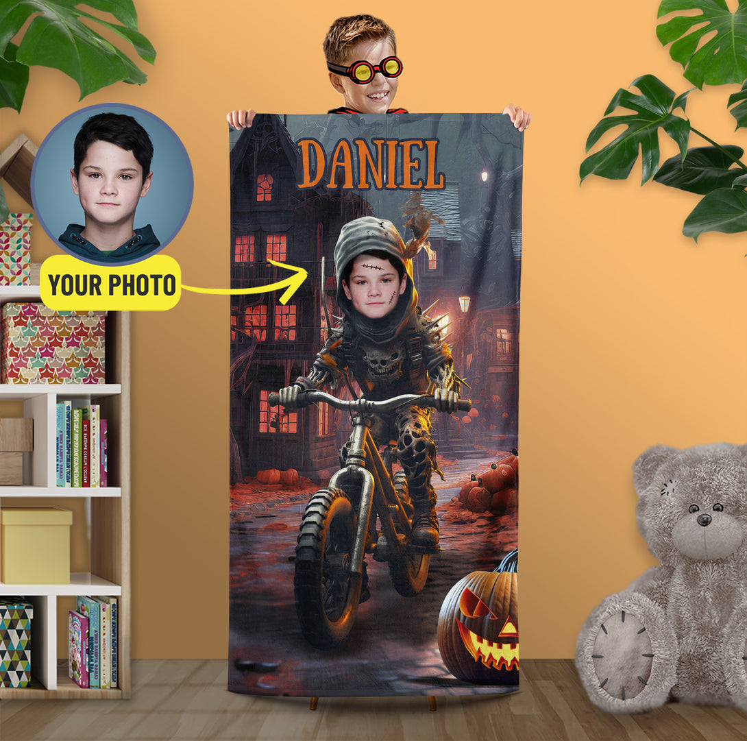 Halloween Zombie Personalized Photo Pool Towel, Spooky Monster Face Gift - Custamazegifts.com 