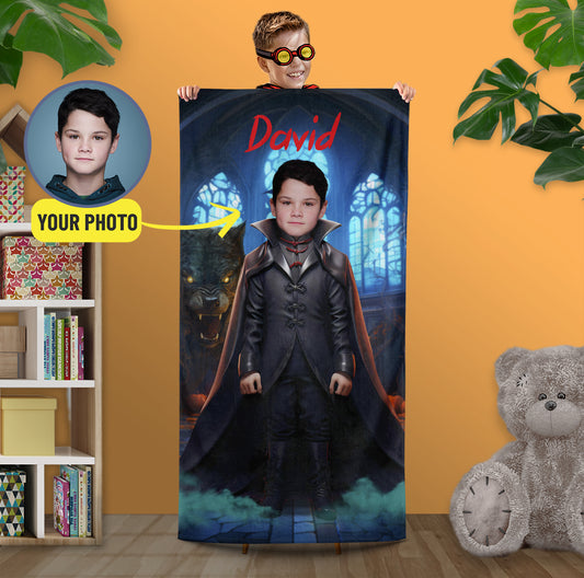 Custom Halloween Count Dracula Photo Boys Beach Towel, Your Face Horror Gift - Custamazegifts.com 