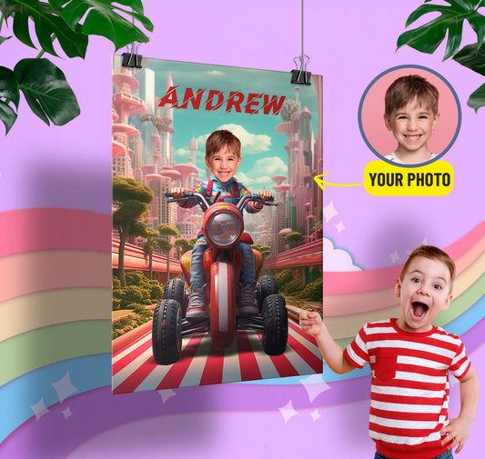 Personalized Poster with Face Quad Biker Boy, Kids Custom Face Photo Poster - Custamazegifts.com 