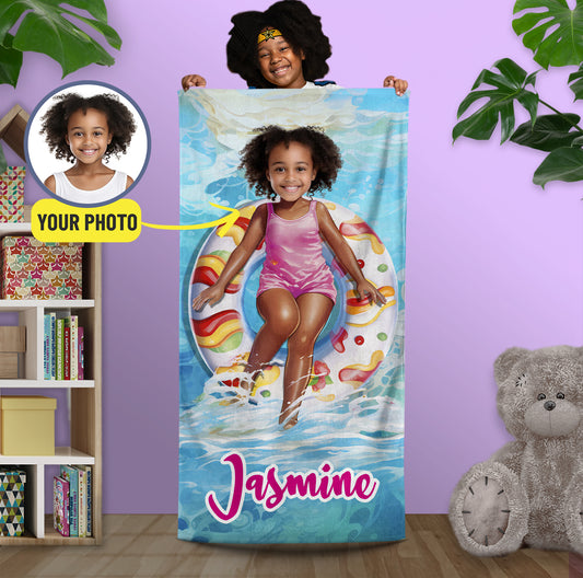 Customize Girl on Pool Float Beach Towel, Sea Ocean Pool Girls' Gift - Custamazegifts.com 