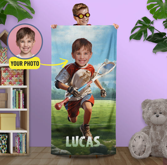 Kids Custom Lacrosse Boy Towel from Photo, Gift for Sports Fans - Custamazegifts.com 