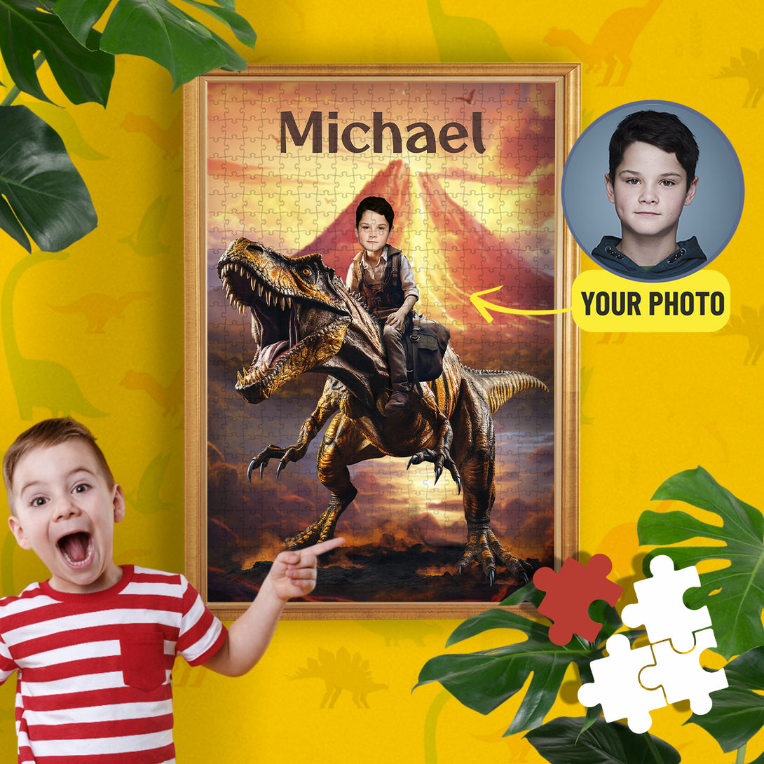 T-Rex Jurassic Dinosaur Kids Face on Puzzle, Boys Photo Keepsake Gift - Custamazegifts.com 