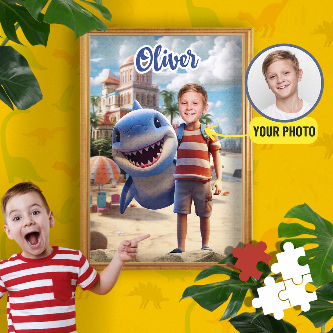 Shark and Boy Photo Puzzle, Custom Face Jigsaw Puzzles for Kids - Custamazegifts.com 