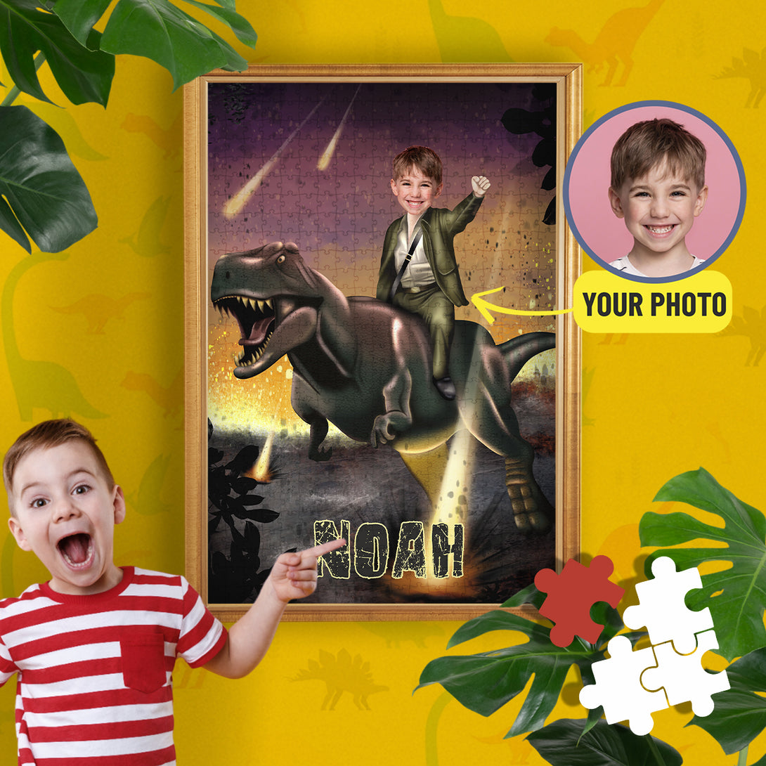 Child Riding a T Rex Photo Puzzles for Boys, Dinosaur Loving Kid Gift - Custamazegifts.com 