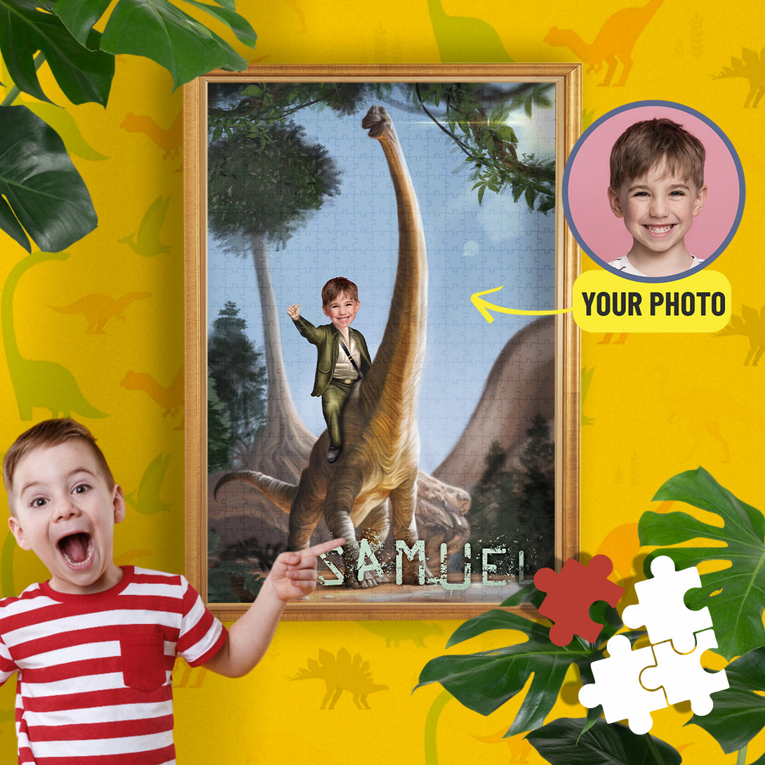 Boy Riding a Dinosaur Photo Puzzles - Custamazegifts.com 