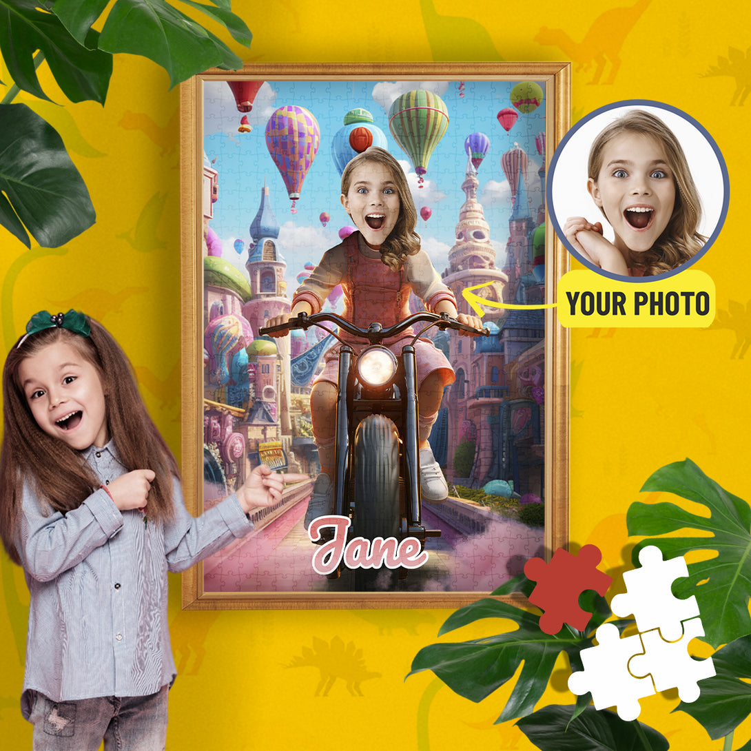 Girl Riding a Bike Fairytale Jigsaw Puzzles, Custom Photo Gift for Her - Custamazegifts.com 