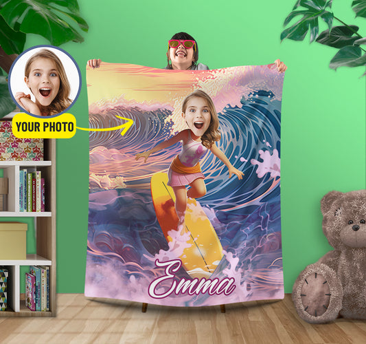 Surfing Girl Personalized Blanket from Photo, Surf Themed Birthday Gifts for Her - Custamazegifts.com 