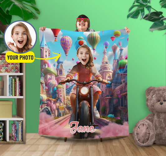 Princess Girl Riding a Motorcycle Personalized Blanket from Photo - Custamazegifts.com 