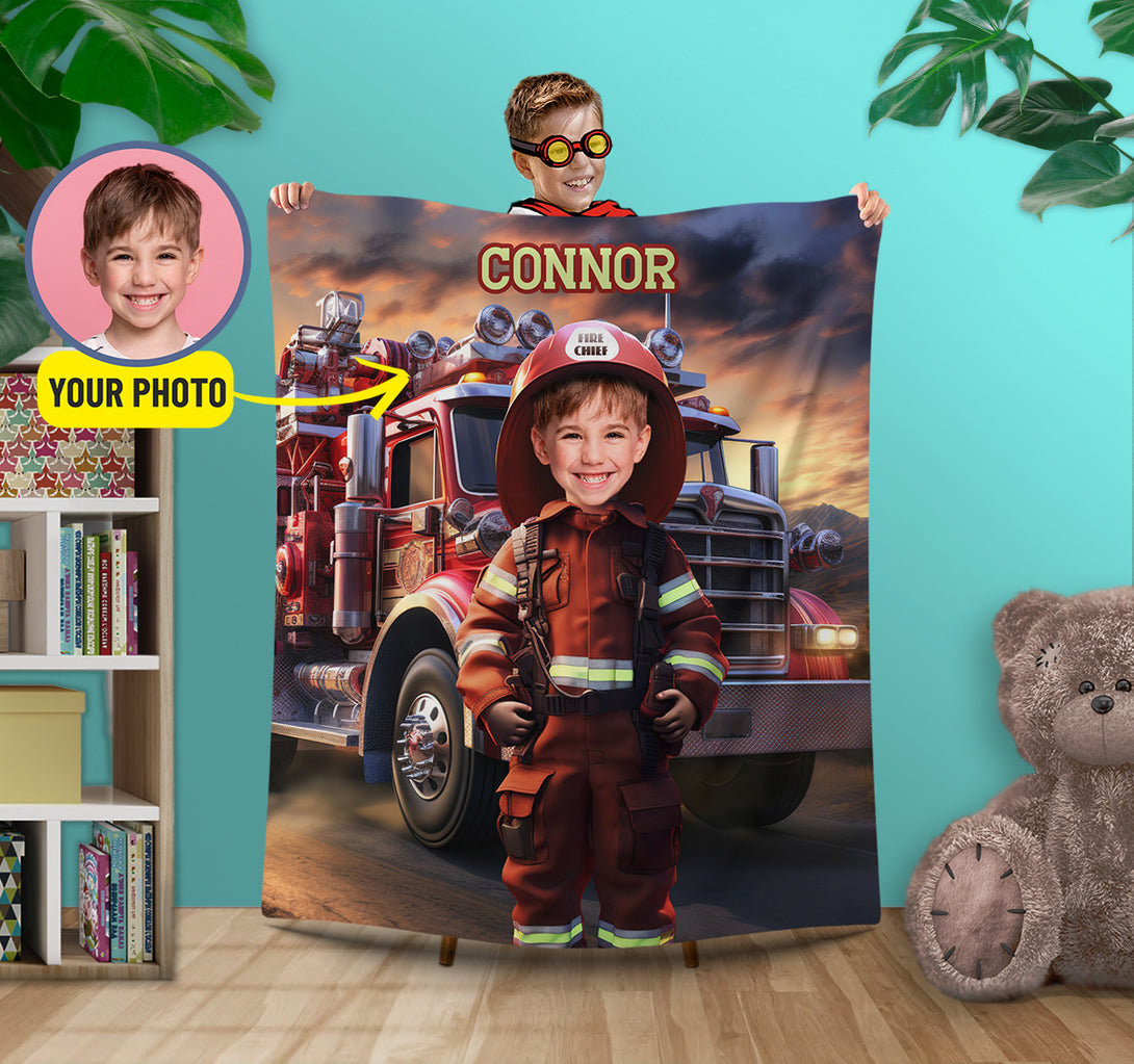 Custom Boy Firefighter Photo Blankets, Kids Personalized Blanket - Custamazegifts.com 