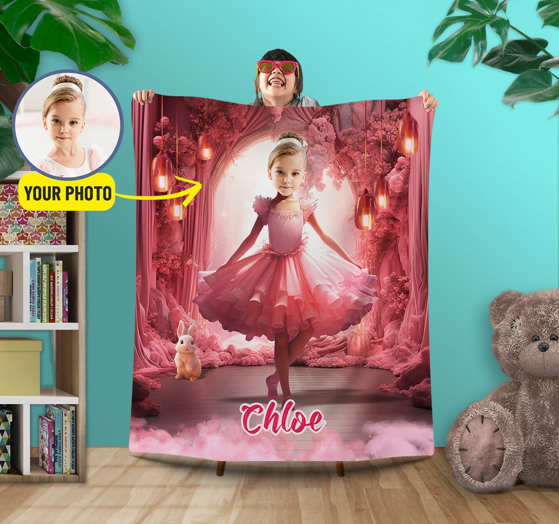 Photo Blanket Ballerina Girl Kids Custom Face Name Gifts, Ballet Picnic Blanket for Her - Custamazegifts.com 