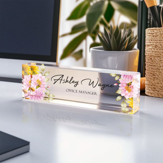 Floral Design Desk Name Plate, Acrylic Nameplate Gift for Women