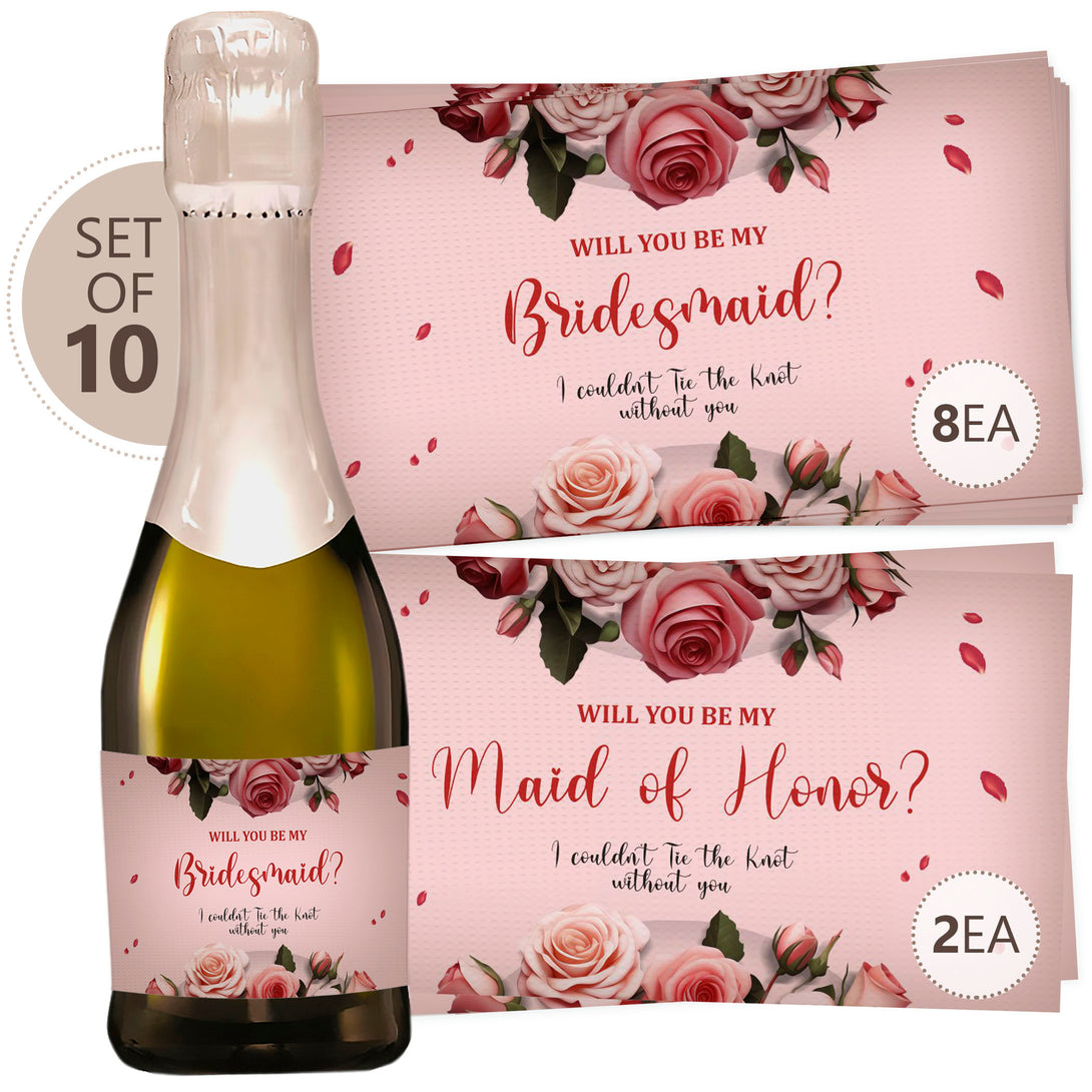 Pink Rose Bridesmaid Proposal Bottle Labels Set of 10 for Champagne Wine - Custamazegifts.com 