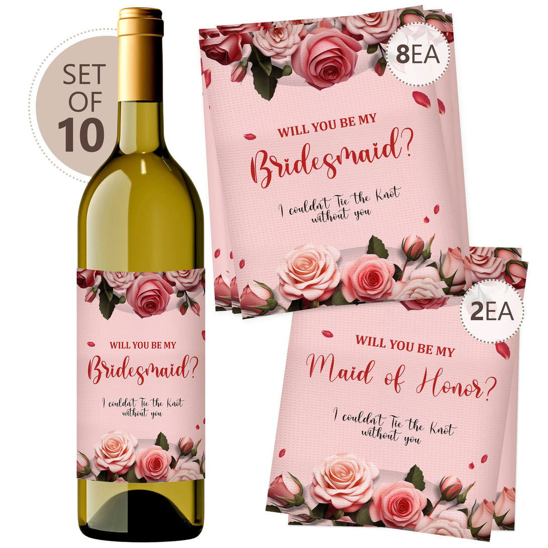 Pink Rose Bridesmaid Proposal Bottle Labels Set of 10 for Champagne Wine - Custamazegifts.com 