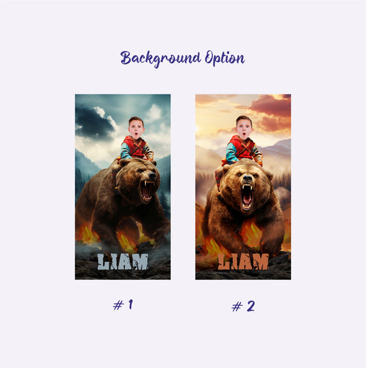 Boys Face Beach Towel, Child Riding Bear Gift for Animal Lover - Custamazegifts.com 