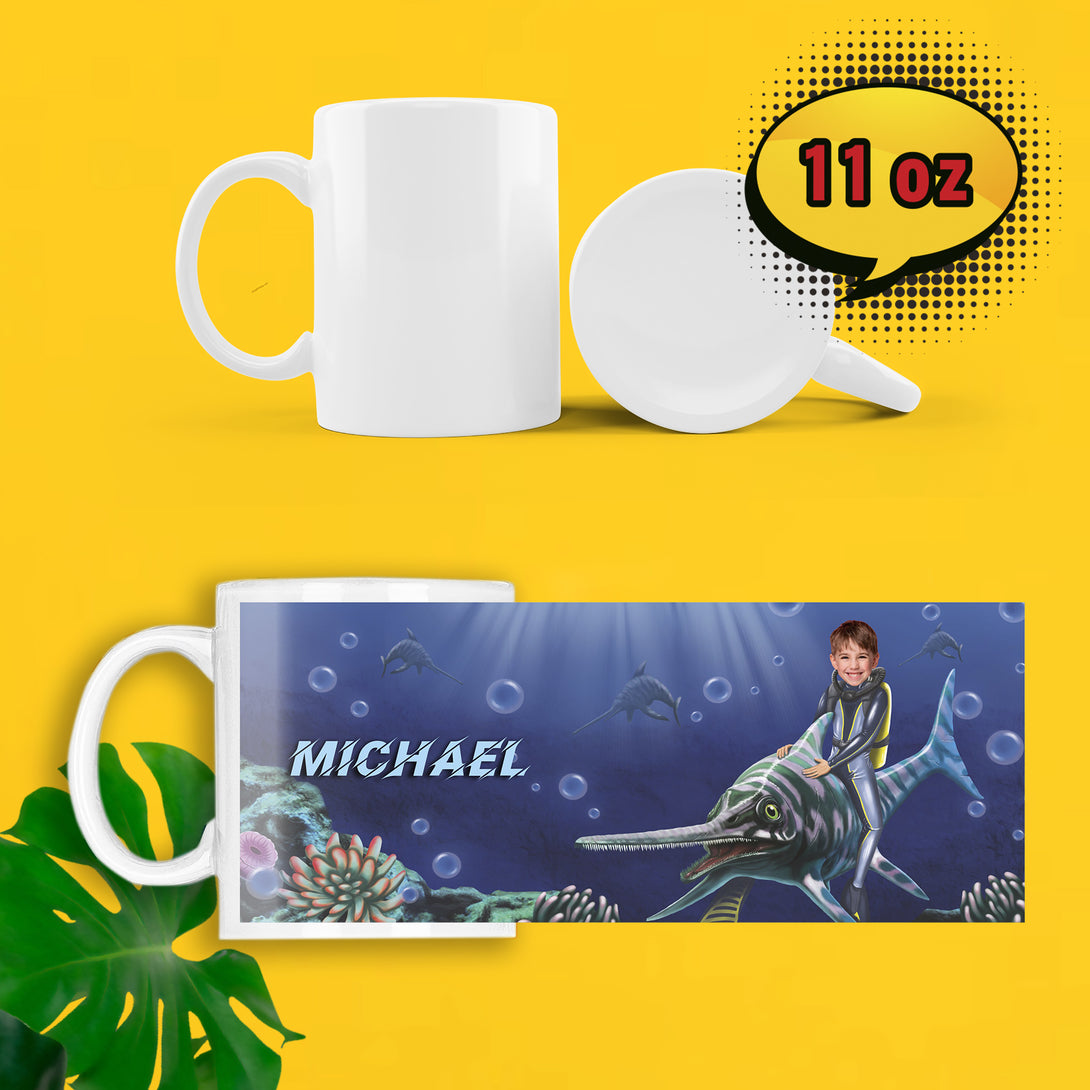 Ocean Print Mug with Your Face, Water Dinosaur Mug 11 Oz - Custamazegifts.com 