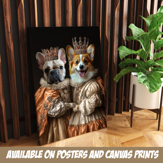 2 Pets Queen Royal Pet Portrait from Photo, Custom Pet Portrait Poster or Canvas C26