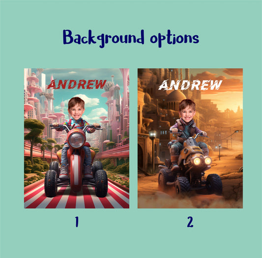 Personalized Poster with Face Quad Biker Boy, Kids Custom Face Photo Poster - Custamazegifts.com 