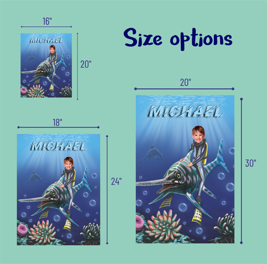 Print Poster Boy Fish Wall Art, Personalized Water Dino Photoshop Portrait - Custamazegifts.com 