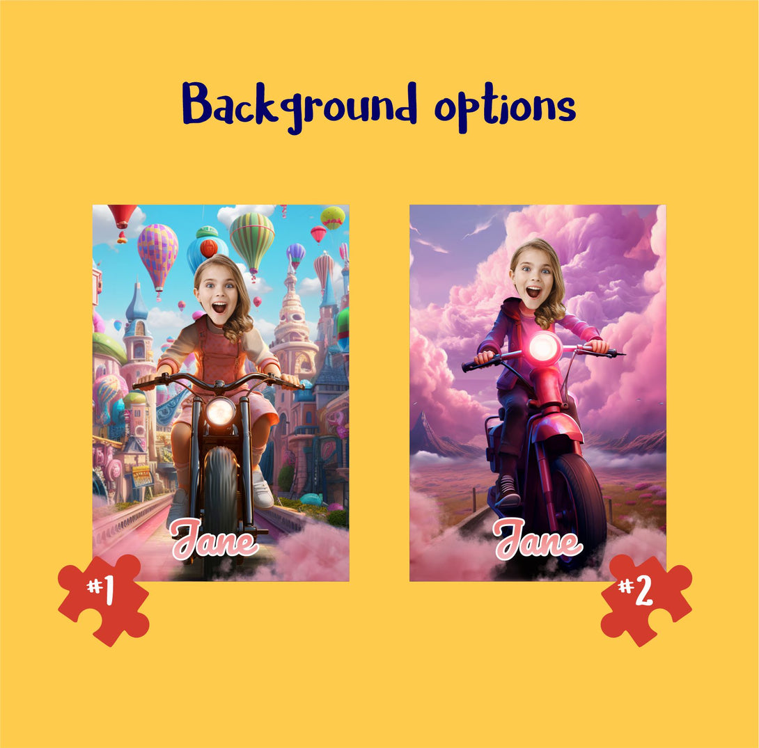 Girl Riding a Bike Fairytale Jigsaw Puzzles, Custom Photo Gift for Her - Custamazegifts.com 