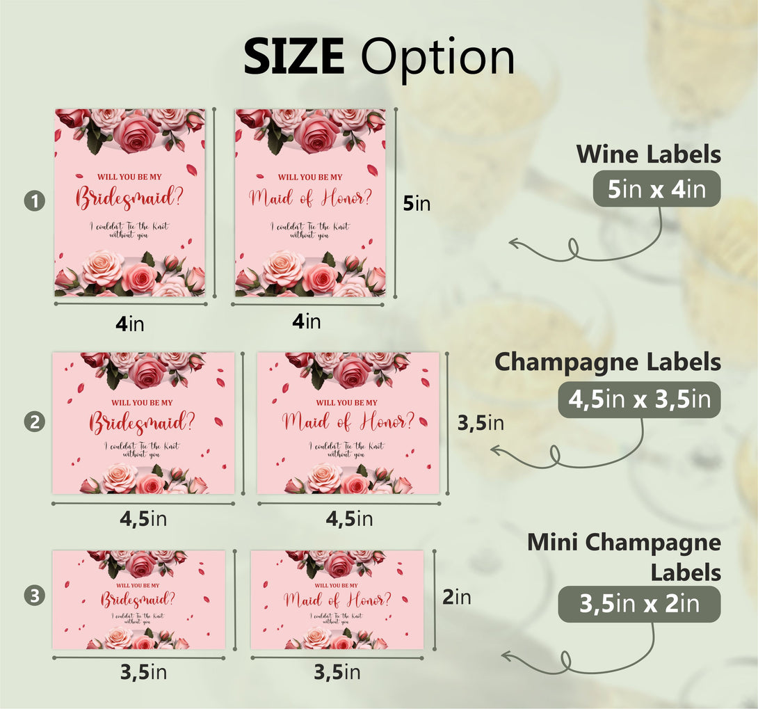 Pink Rose Bridesmaid Proposal Bottle Labels Set of 10 for Champagne Wine - Custamazegifts.com 