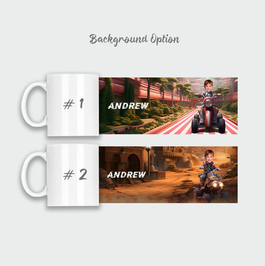 Customized Quad Biker Kids Face Mug, Personalized Boy on Dirt Bike Mug - Custamazegifts.com 