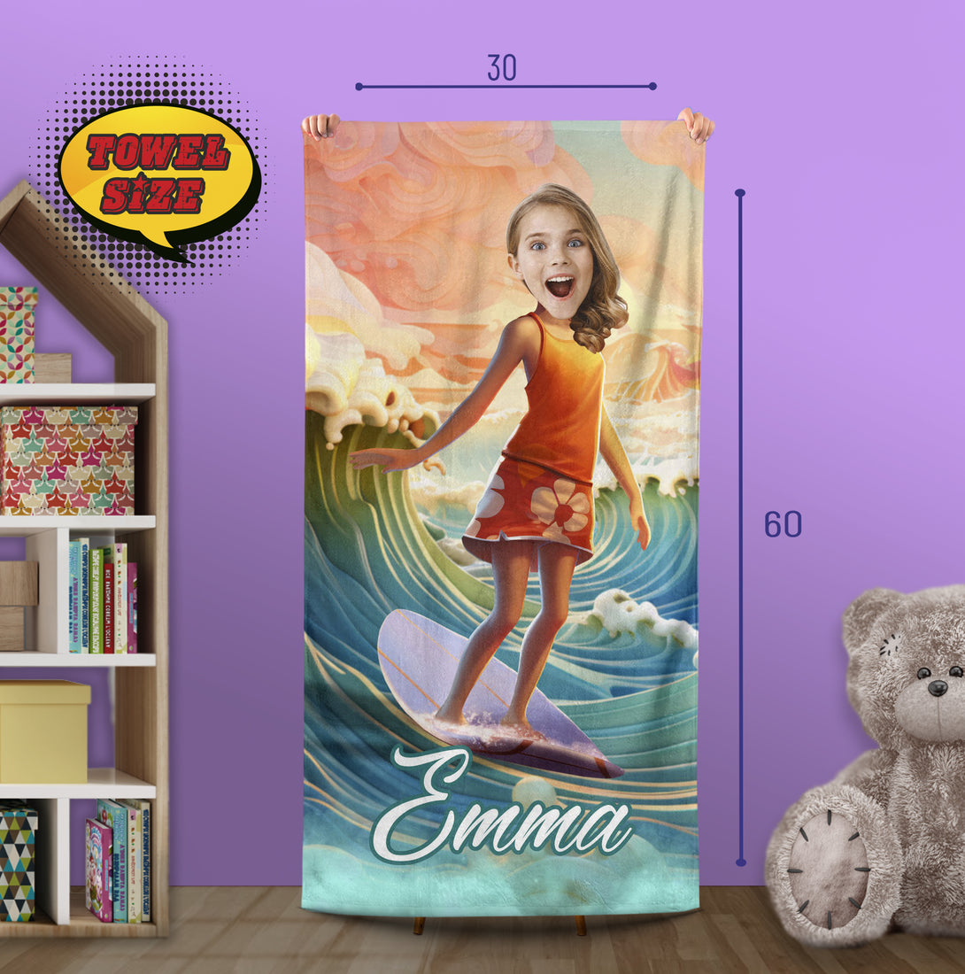 Surfer Girl Photo Face Beach Towel, Custom Beach Lover Gift - Custamazegifts.com 