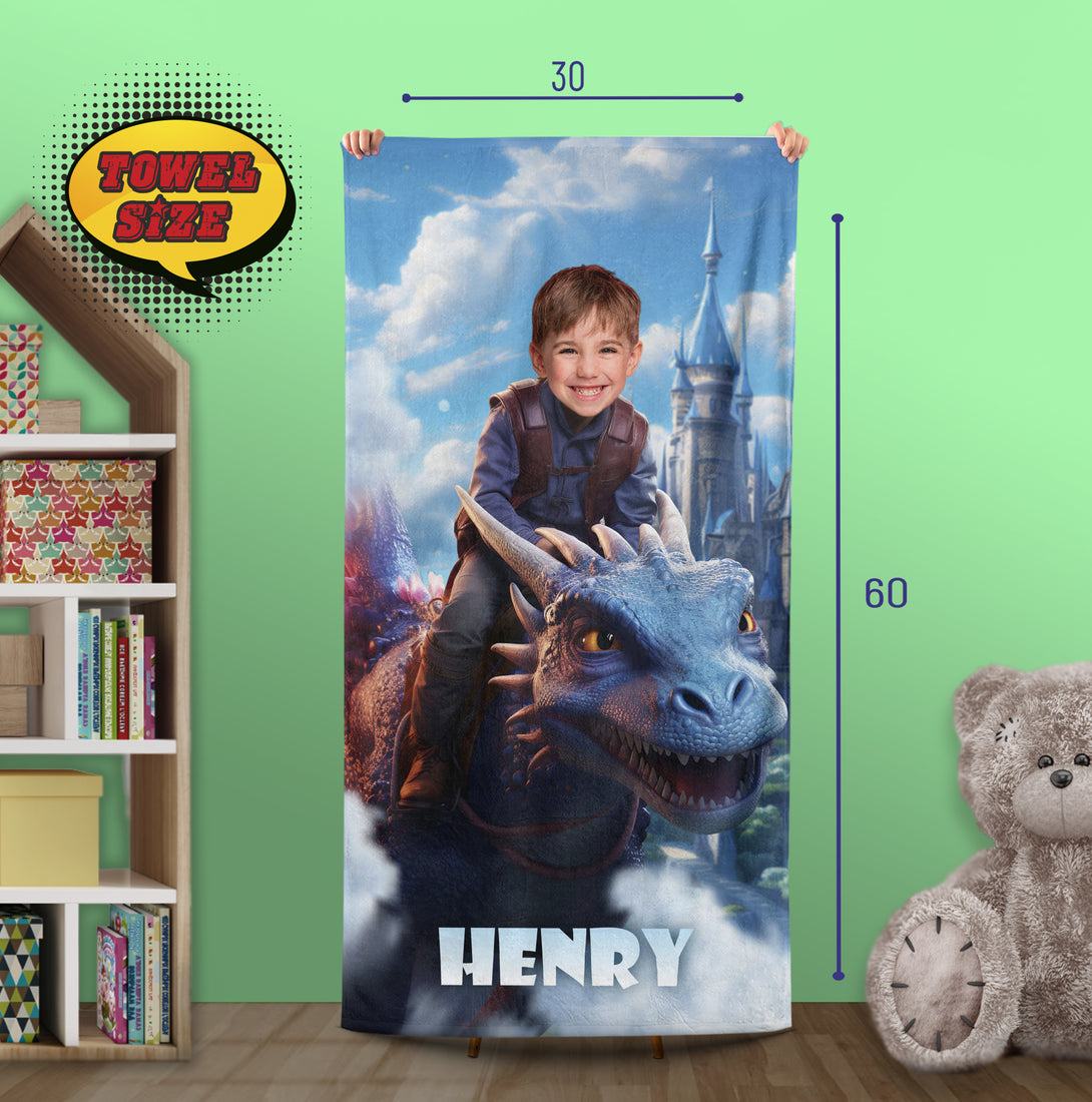 Personalized  Prince and Dragon Photo Beach Towel, Boys Customized Bath Towel Gift - Custamazegifts.com 