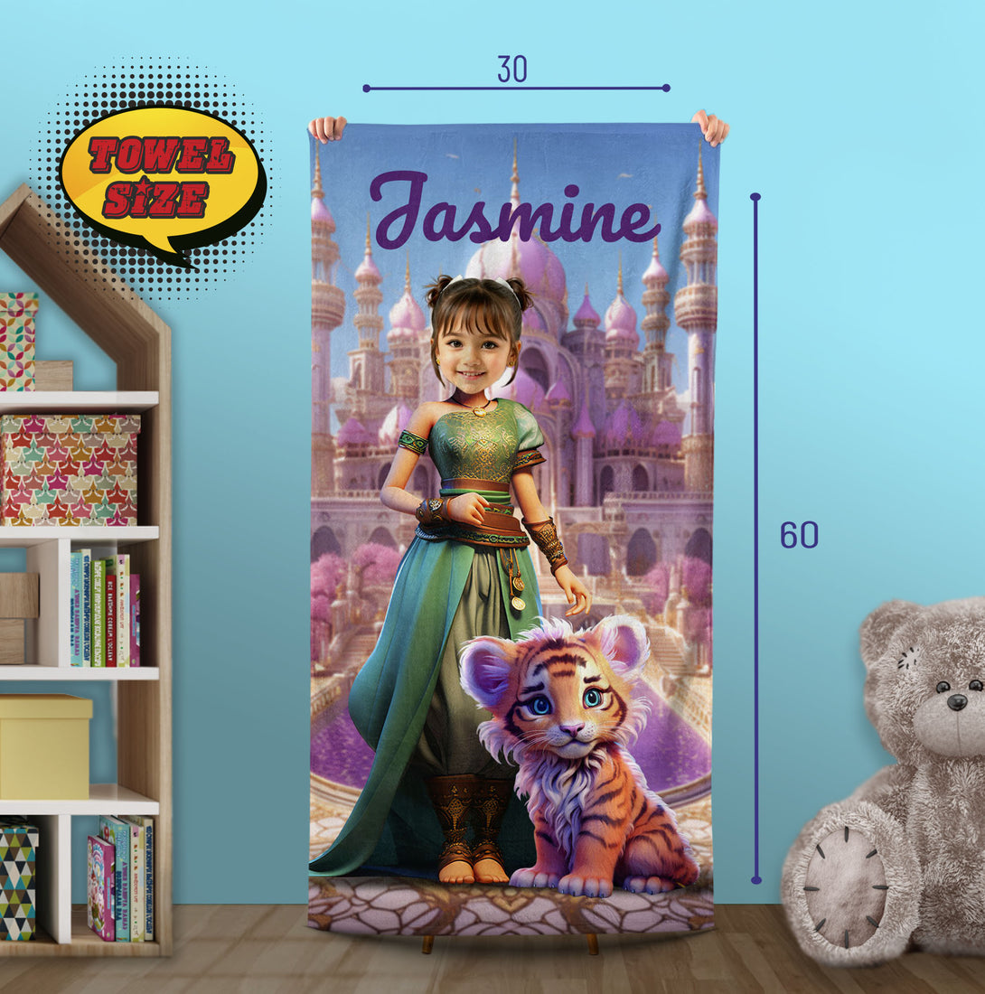 Personalized Princess Jasmine Girl Beach Towel, Aladdin Gift for Her - Custamazegifts.com 