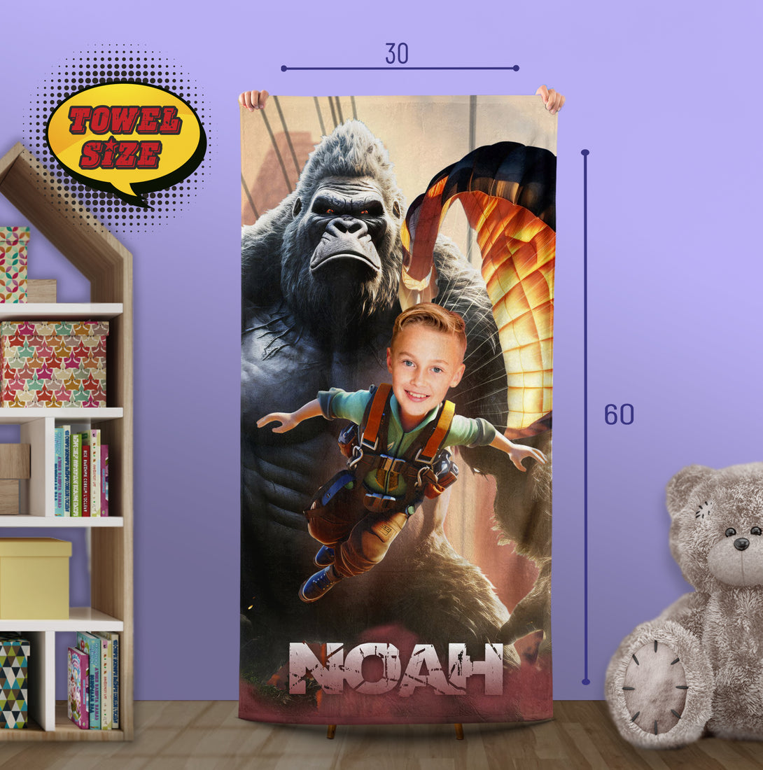 Custom Beach Photo Towel King Kong, Giant Monster Kids Monogrammed Towel - Custamazegifts.com 