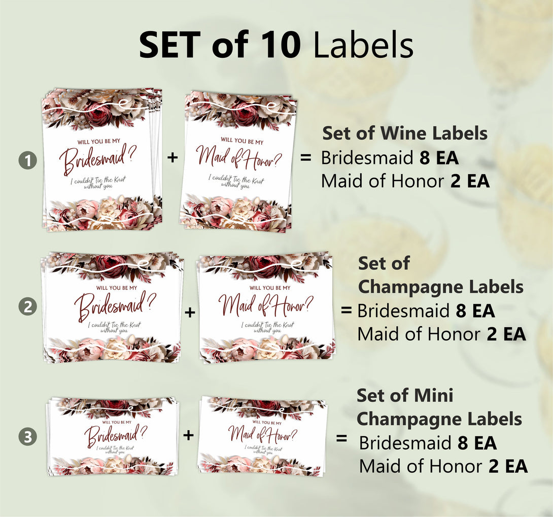 Bridesmaid Proposal Set of 10 Wine Champagne Bottle Labels, Bachelorette Favors - Custamazegifts.com 