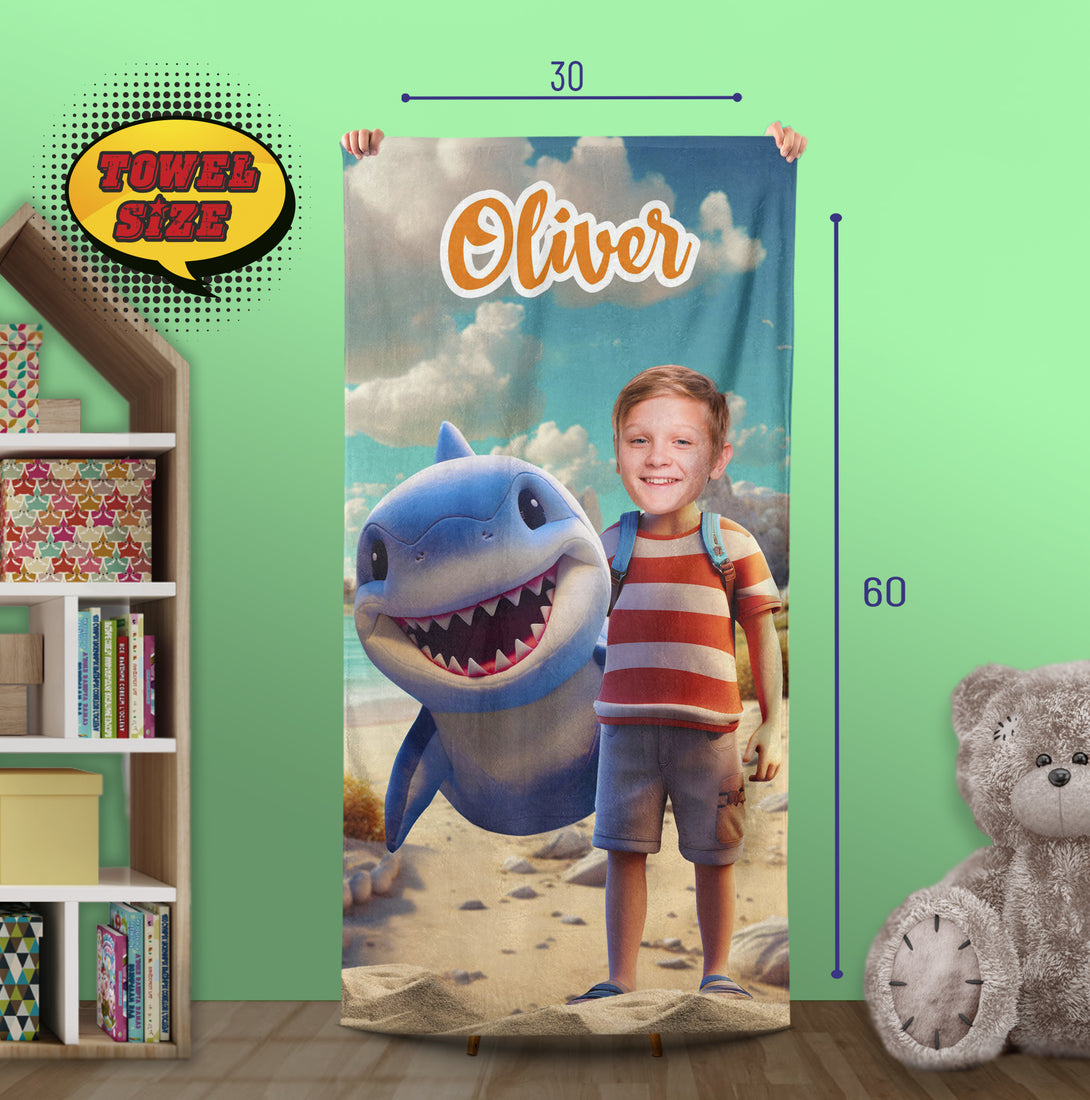 Shark and Boy Personalized Face Pool Bath Towel - Custamazegifts.com 