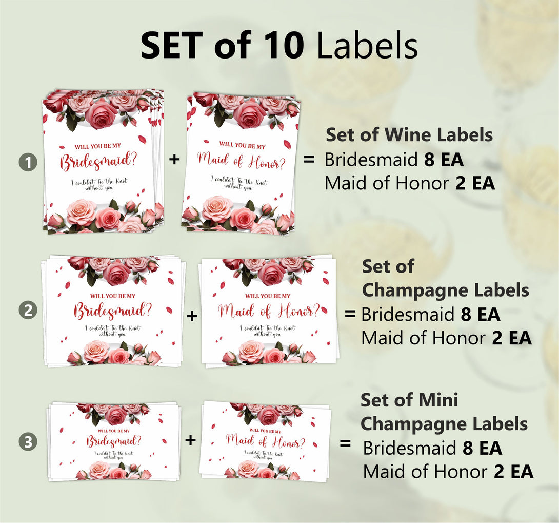 Will You Be My Bridesmaid Set of 10 White Floral Wine Champagne Bottle Labels - Custamazegifts.com 